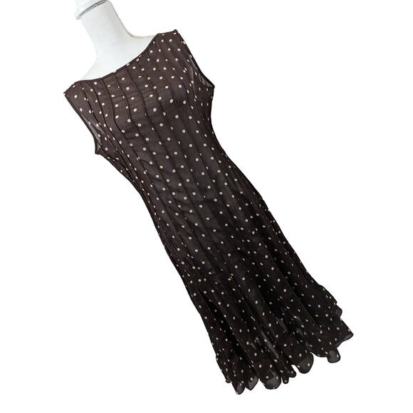 DRESS BARN! FLOUNCE RUFFLE HEM, SHEER BROWN, CREAM DOTS DRESS! MICRO-PLEATS!SZ 8 - Picture 1 of 7
